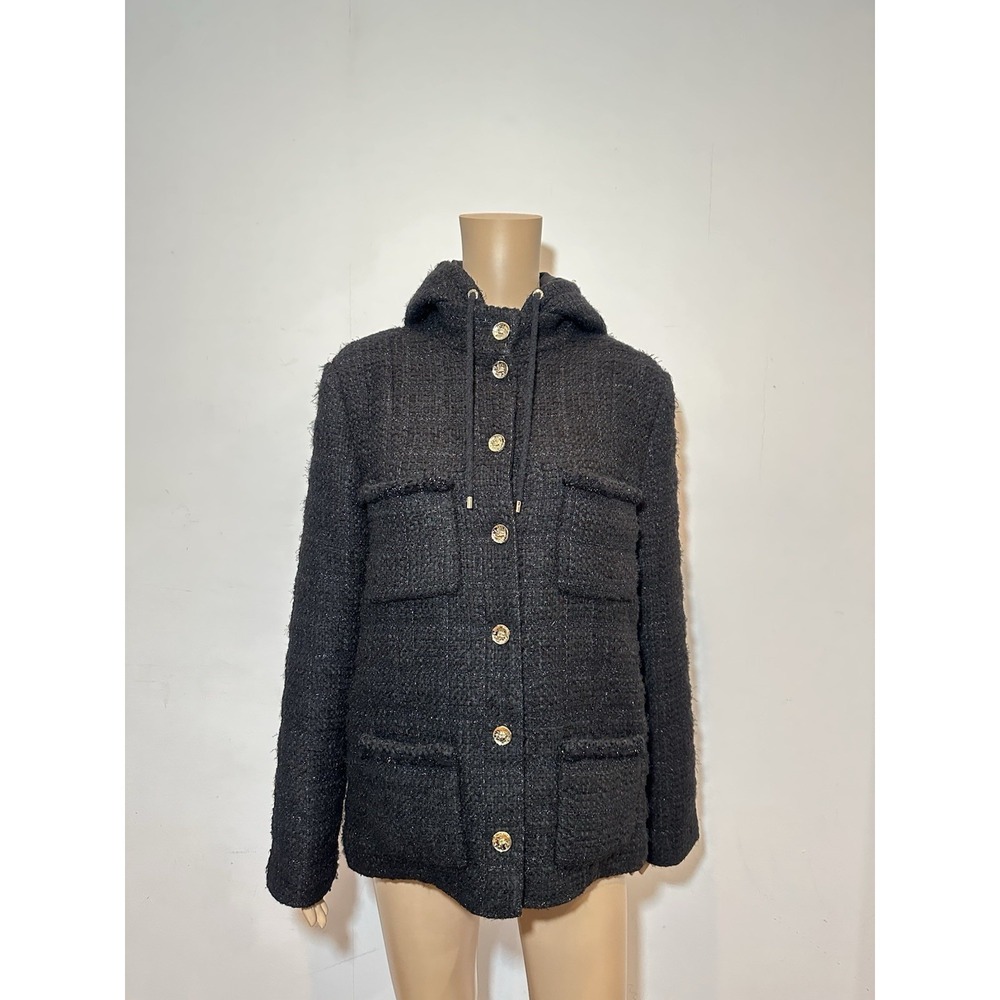CHANEL 25B Black Hooded Jacket Size 36 Tweed Knit Gold CC Buttons 2025